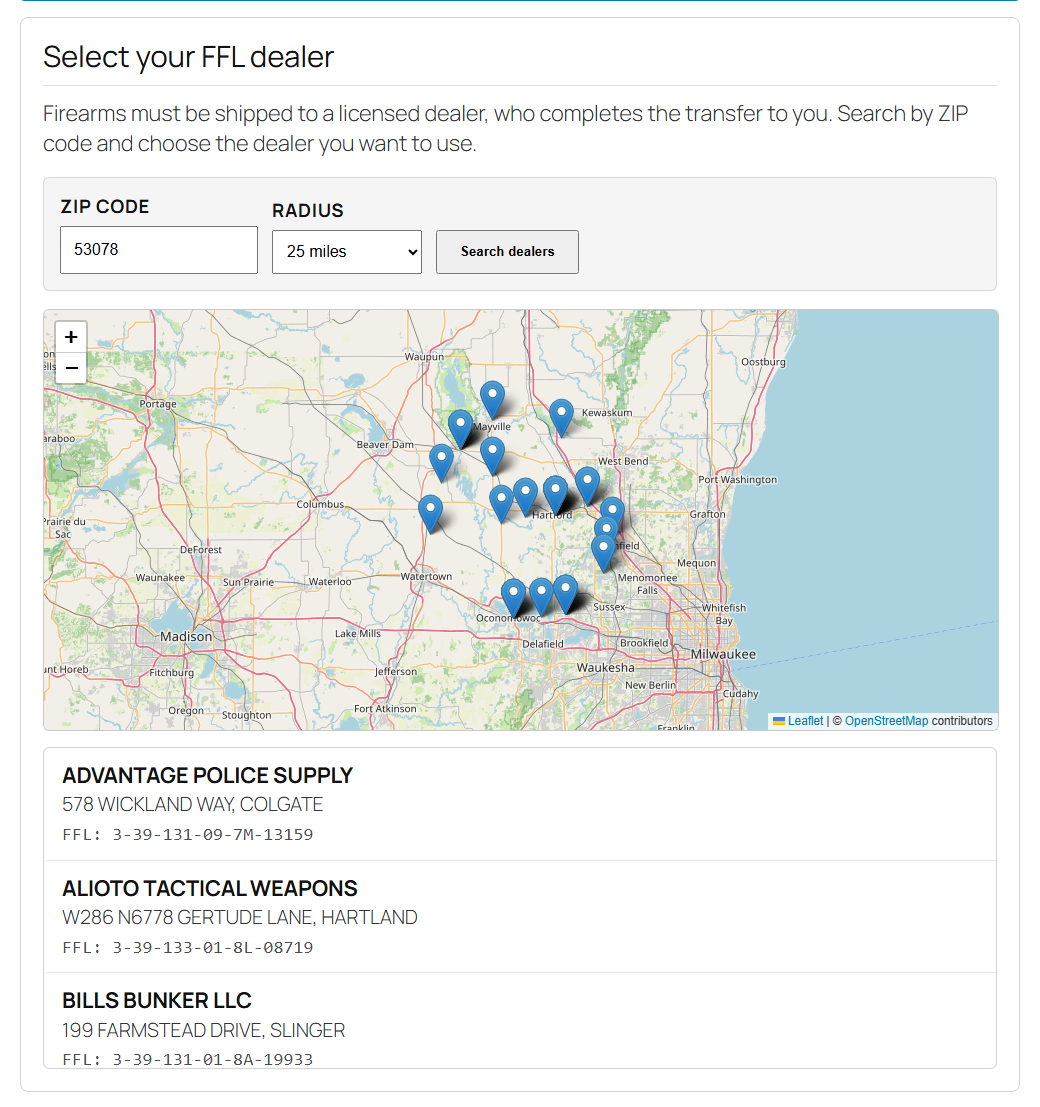 The FFL dealer picker on a WooCommerce checkout page with a ZIP code search, a map and a list of dealers