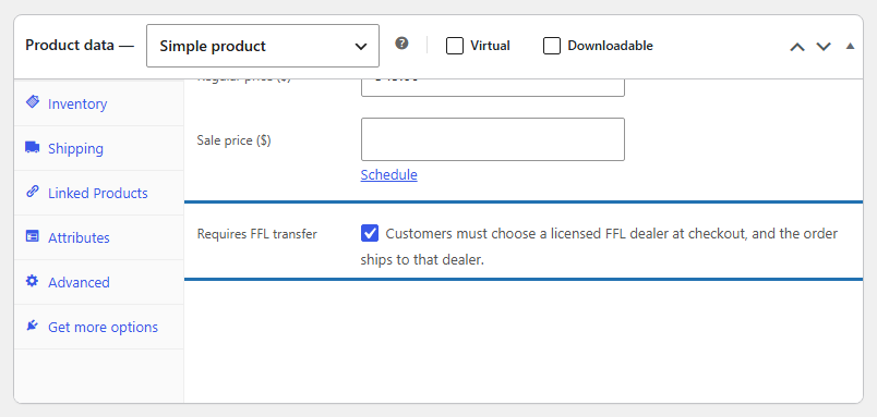 The Requires FFL transfer checkbox on a WooCommerce product