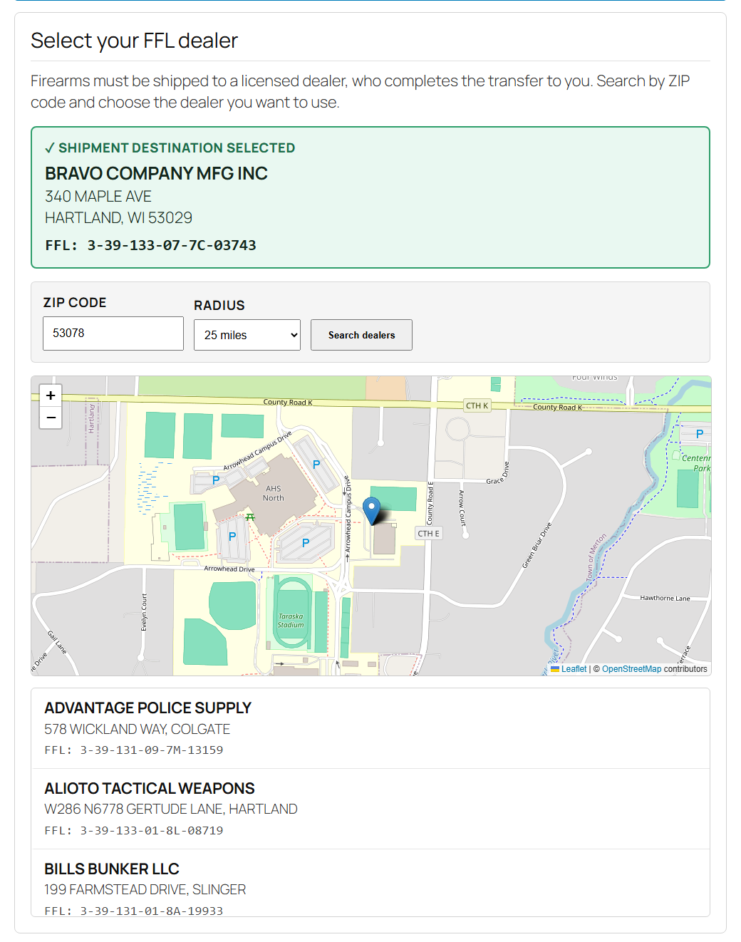 A selected FFL dealer shown as confirmed at the top of the picker