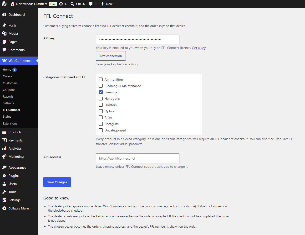 The FFL Connect settings page in WooCommerce, showing the API key box, the Test connection button and the product category list